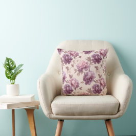 Almofada Padrão Floral Creme Peônia Roxa Romântica