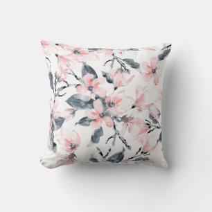 Almofada Padrão Floral de Aquarela Rosa e Cinza