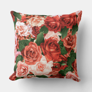 Almofada Padrão Floral de Arranjos Aleatórios de Rosas verm