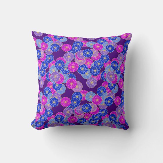 Almofada Padrão floral de Art Deco - violeta, azul e roxo (Frente)