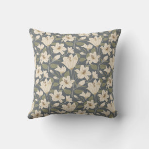 Almofada Padrão Floral de Beige Lily Cinza Azul Botânica