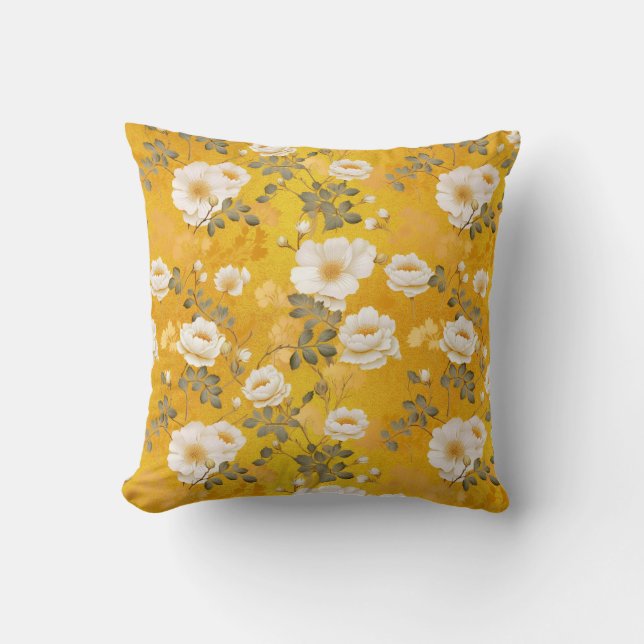 Almofada Padrão floral de Chiyogami em amarelo (Frente)