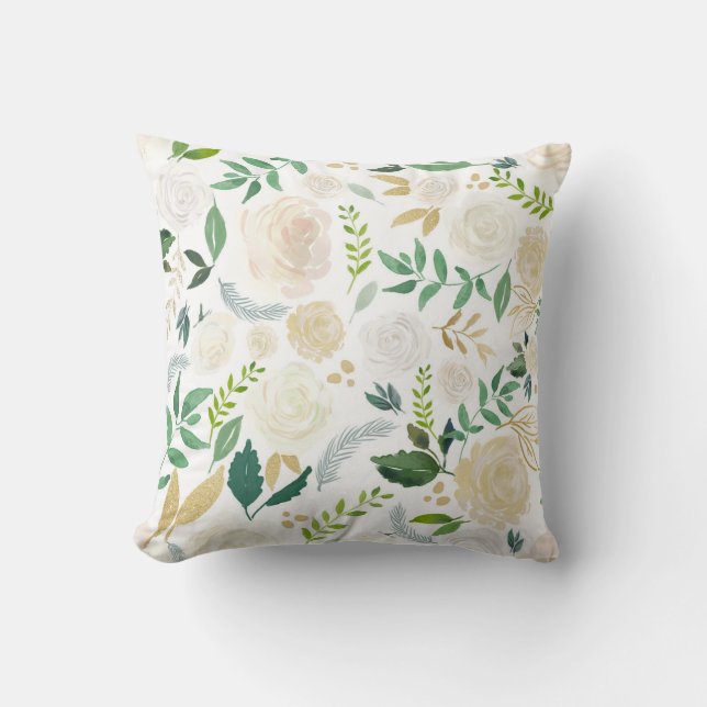 Almofada Padrão Floral de Marfim Suave com Brilho Dourado (Frente)