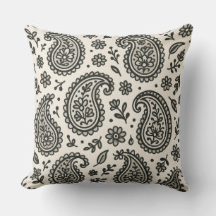 Almofada Padrão Floral de Paisley Preto e Branco