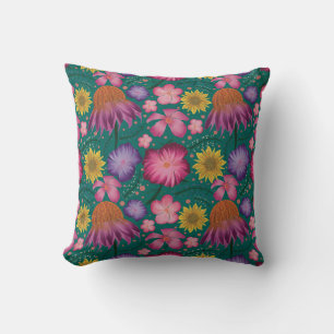 Almofada Padrão Floral de Teal de Flor Selvagem