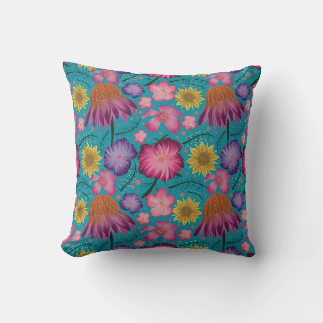 Almofada Padrão Floral de Turquesa de Flor (Frente)