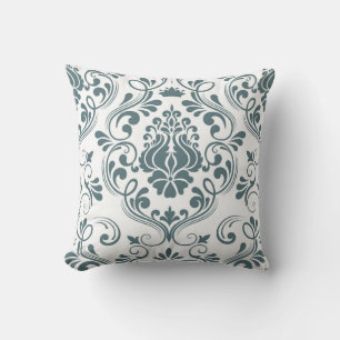 Almofada Padrão Floral do Damasco Azul e Branco Elegante