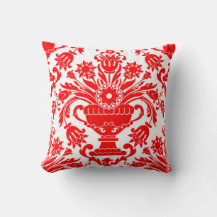 Almofada Padrão Floral do Damasco Vermelho e Branco Elegant