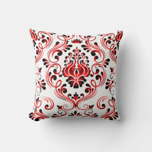 Almofada Padrão Floral do Damasco Vermelho Preto e Branco E