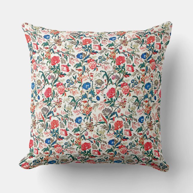 Almofada Padrão Floral do século XIX Vermelho Verde Azul (Frente)