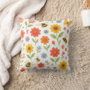 Almofada Padrão Floral e Abelha Laranja Rosa Amarelo
