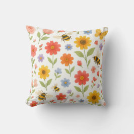 Almofada Padrão Floral e Abelha Laranja Rosa Amarelo