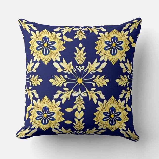 Almofada Padrão Floral Elegante em Dourado e Azul (Frente)