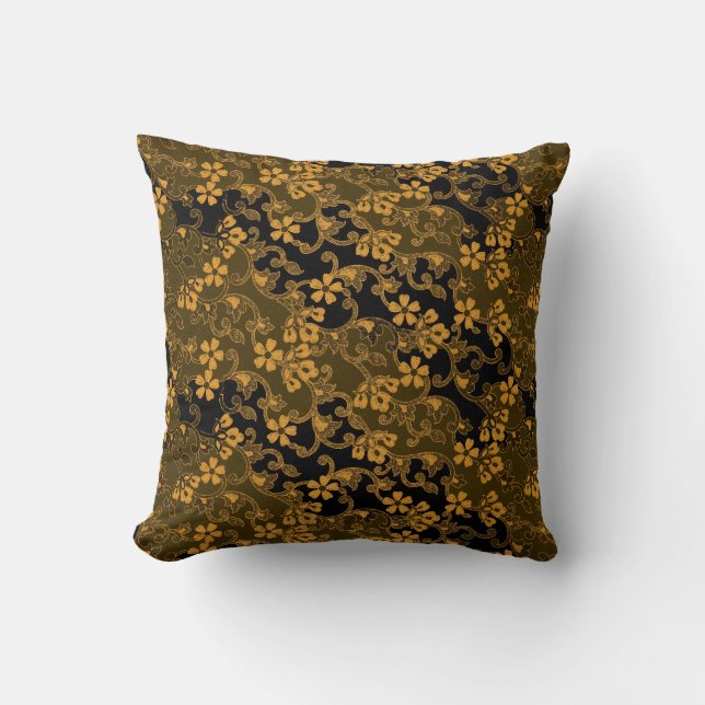 Almofada Padrão Floral Elegante Preto e Dourado (Frente)
