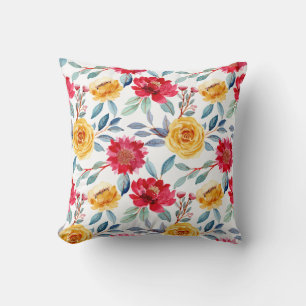 Almofada Padrão Floral em Aquarela Alegre em Rosa Amarela