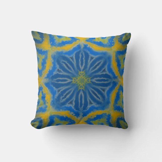 Almofada Padrão Floral Geométrico Azul e Dourado (Frente)