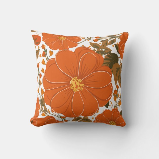 Almofada Padrão Floral Laranja Vibrante com Folhas (Frente)