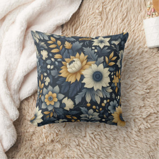 Almofada Padrão floral marinho, amarelo e cinza