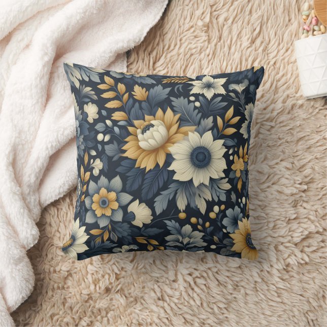 Almofada Padrão floral marinho, amarelo e cinza (Cobertor)