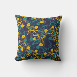 Almofada Padrão Floral Moderno Marinho Azul Teal e Amarelo