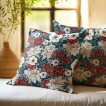 Padrão Floral Rosa Burgundy Rústico em Azul Turque