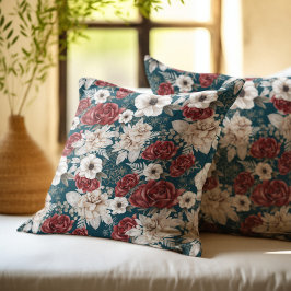 Almofada Padrão Floral Rosa Burgundy Rústico em Azul Turque