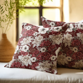Almofada Padrão Floral Rosa Creme Borgonha Rústico