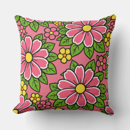 Almofada Padrão Floral Rosa e Amarelo com Folhas Verdes