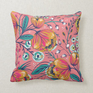 Almofada Padrão Floral Rosa Laranja e Turquesa