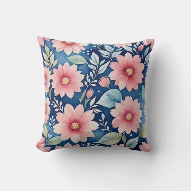 Almofada Padrão floral rosa no azul (Frente)