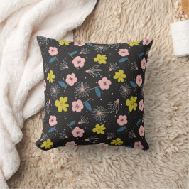 Almofada Padrão Floral Simples de Ilustração Preta e Rosa