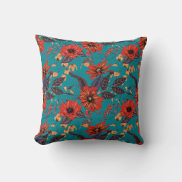 Almofada Padrão Floral Teal e Vermelho