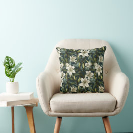 Almofada Padrão Floral Verde de Lírio Branco Clássico