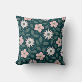 Almofada Padrão Floral Verde Escuro com Flor Rosa e Branca