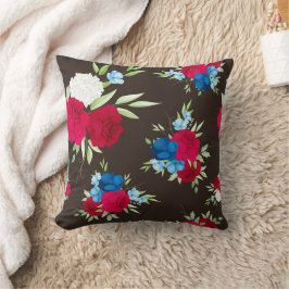 Almofada Padrão Floral Vermelho Azul Elegante em Marrom Esc