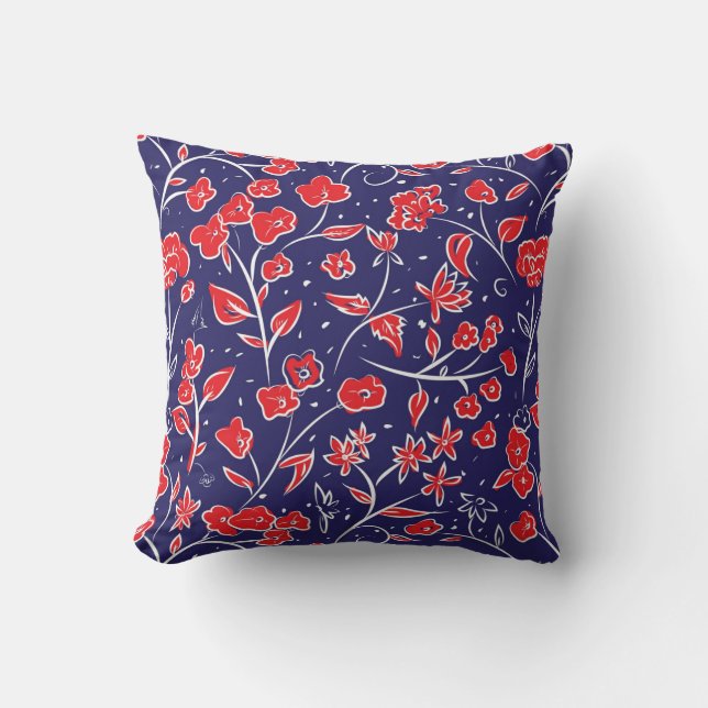 Almofada Padrão Floral Vermelho e Azul (Frente)