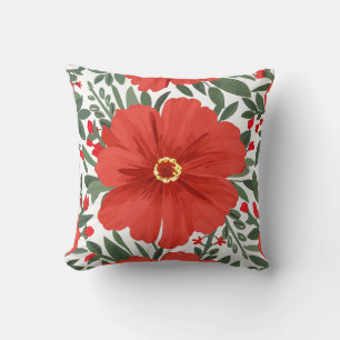 Almofada Padrão Floral Vermelho Negrito com Folhas Verdes L