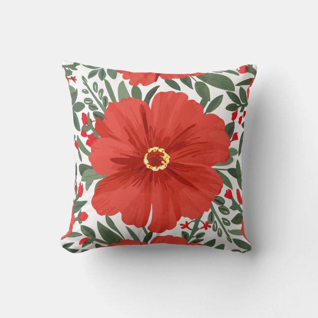 Almofada Padrão Floral Vermelho Negrito com Folhas Verdes L (Frente)