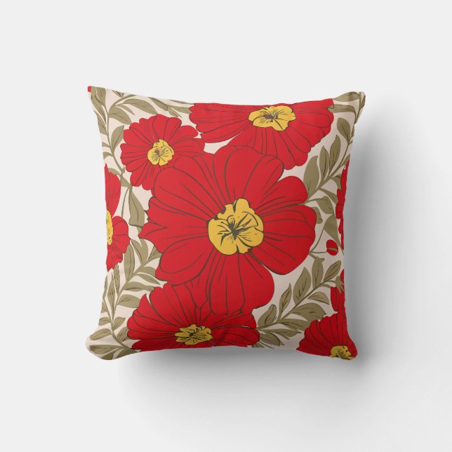 Almofada Padrão Floral Vermelho Vibrante com Folhas Verde-o (Frente)