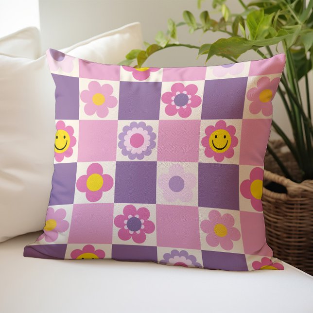 Almofada Padrão Floral Xadrez Retrô Y2K (Criador carregado)