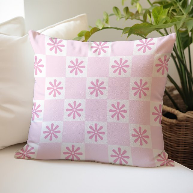 Almofada Padrão Floral Xadrez Rosa Retro (Criador carregado)