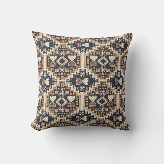 Almofada Padrão Geométrico Boho Preto Amarelo Bege (Frente)