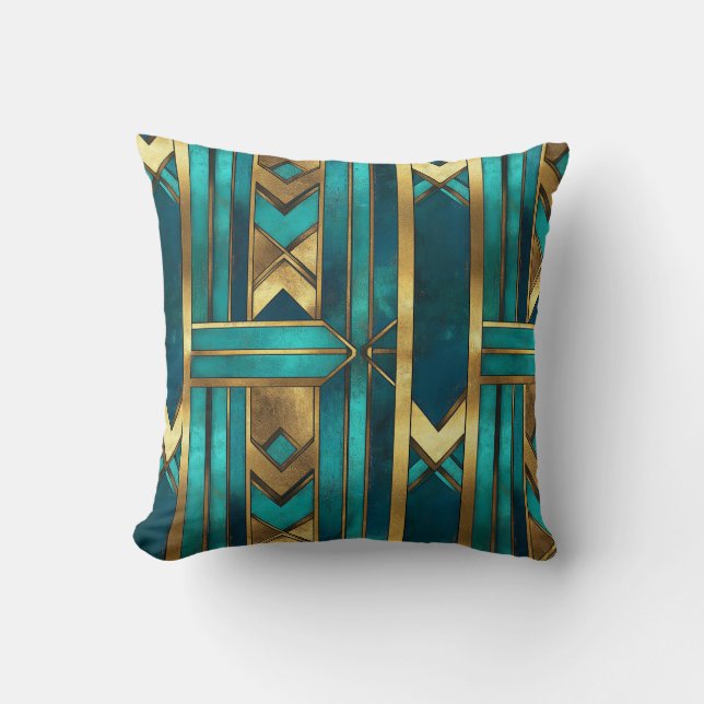 Almofada Padrão Geométrico de Seta Art Déco, Dourado e Turq (Frente)