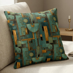 Almofada Padrão Geométrico Dourado e Azul Turquesa Art Déco