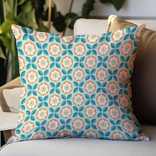 Almofada Padrão Geométrico Retroativo Aqua Orange Floral