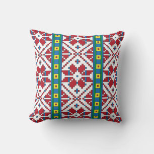 Almofada Padrão geométrico tribal vermelho, azul e estrel