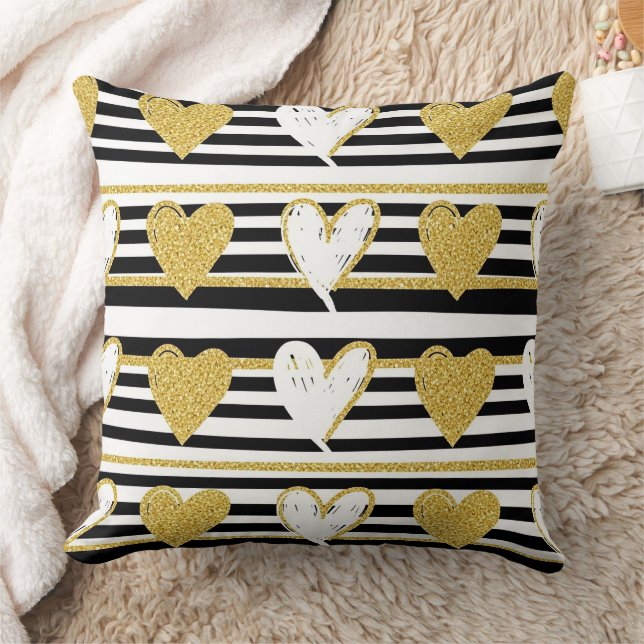 Almofada Padrão Glam Black Stripe Gold Heart (1) (Cobertor)