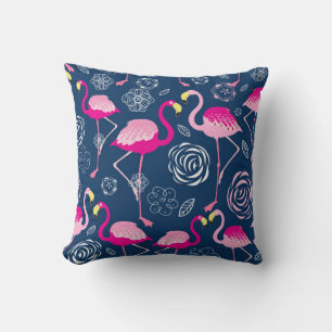 Almofada Padrão gráfico de flamingos cor-de-rosa em azul