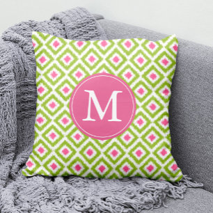 Almofada Padrão Ikat de Ouros Rosa de Verde limão Monograma