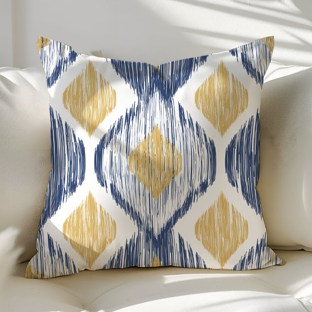 Almofada Padrão Ikat Ogee Dourado e Azul-Marinho (Criador carregado)